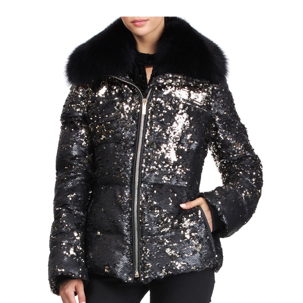 Gorski Apres black sequin ski jacket XS with fox fur